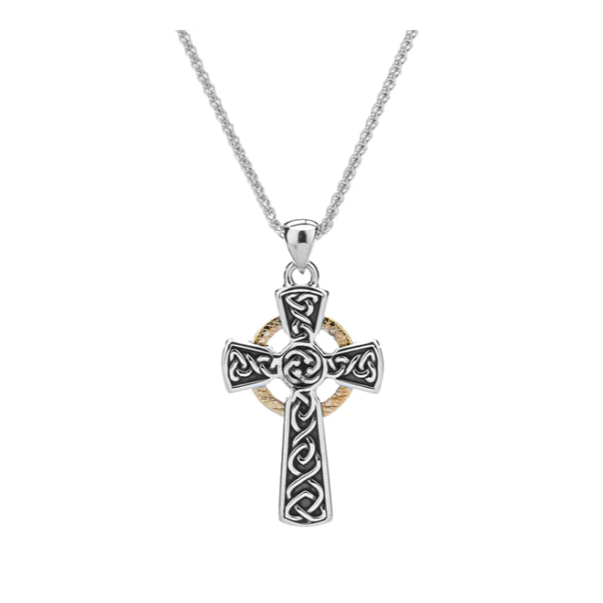 Silver and 10k Gold Circle Celtic Cross Pendant Small - Oxidized Sterling Silver