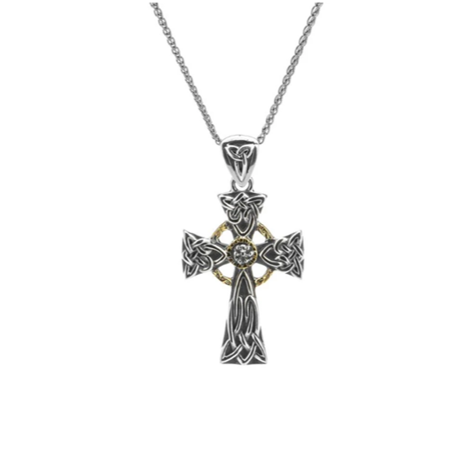 Silver and 10k Gold Celtic Cross Pendant Small- White Sapphire