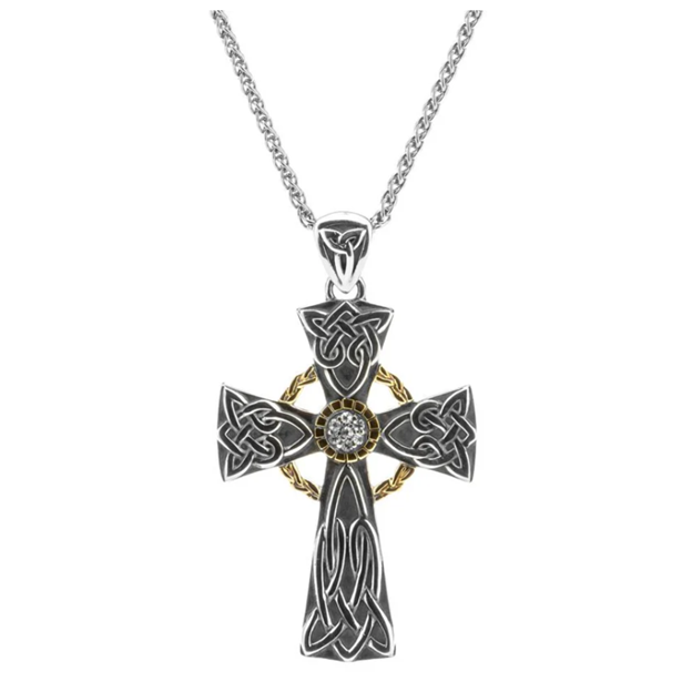 Silver and 10k Gold Celtic Cross Pendant - White Sapphire