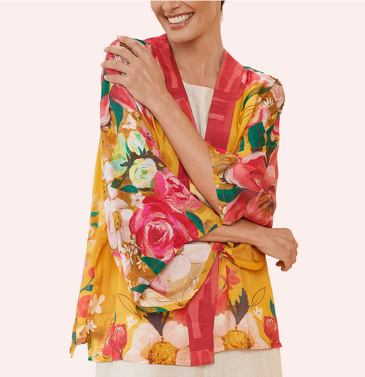 Kimono Jacket - Impressionist Floral Mustard