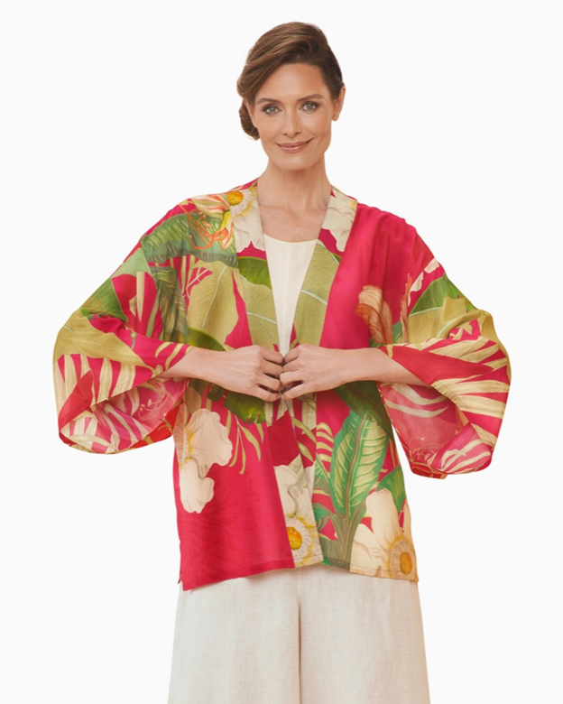 Kimono Jacket - Delicate Tropical in Dark Rose