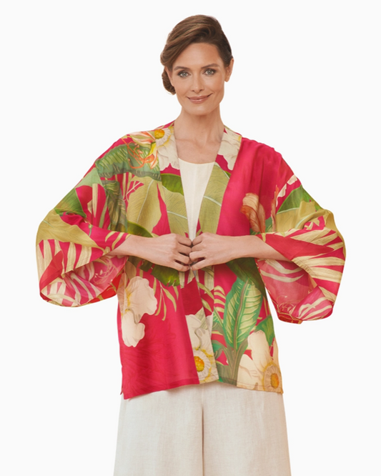 Kimono Jacket - Delicate Tropical in Dark Rose