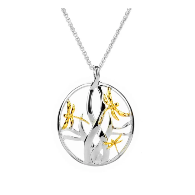 Silver and 10k Gold Dragonfly in Reeds Pendant Large