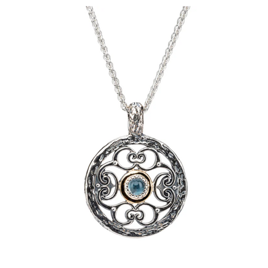 Silver and 10k Gold Filigree Whirlpool Pendant - Sky Blue Topaz