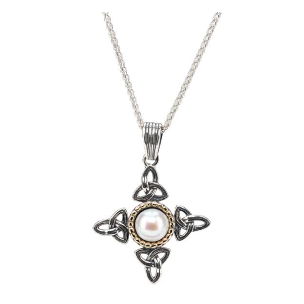 Silver and 10k Gold Aphrodite Cross Pendant - White Fresh Water Pearl