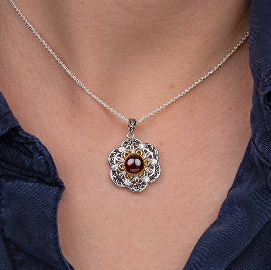 Silver And 23k Gilding Celestial Pendant - Garnet