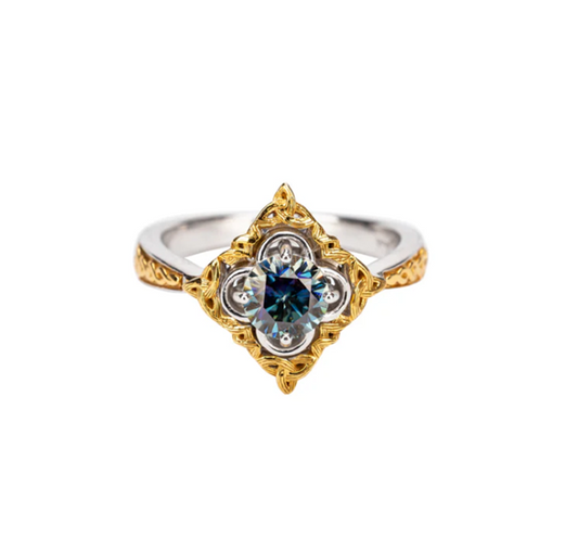 Silver And 10k Gold Celestial Ring - Mystic Blue Moissanite