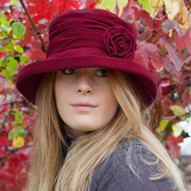 Water Resistant Velour Hat with Flower