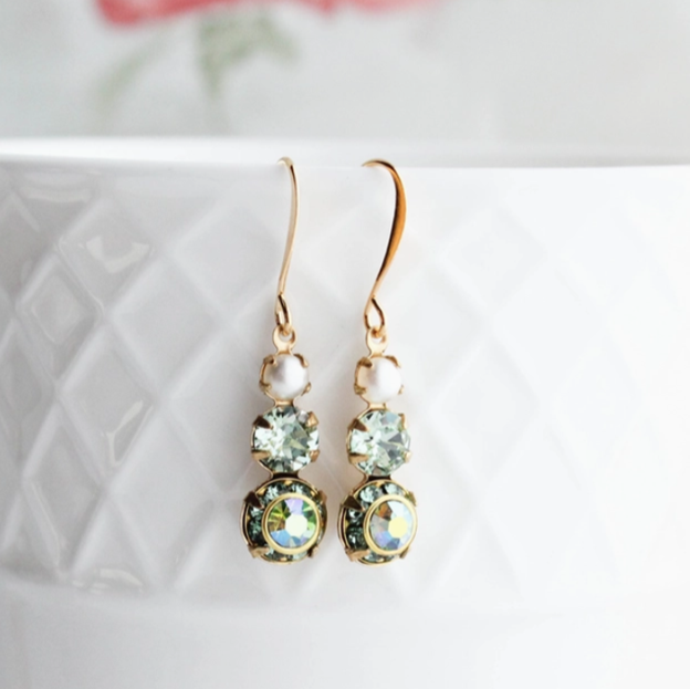 Vintage Glass Earrings -Three Jewel - Peridot Green and Pearl