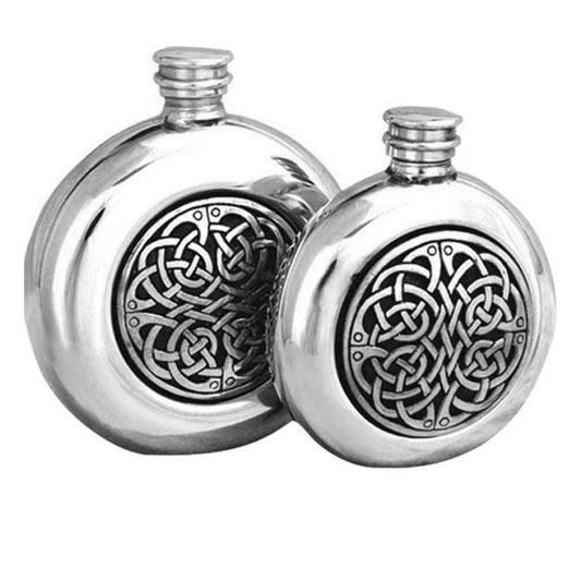 Pewter Hip Flask with Celtic Knot Badge