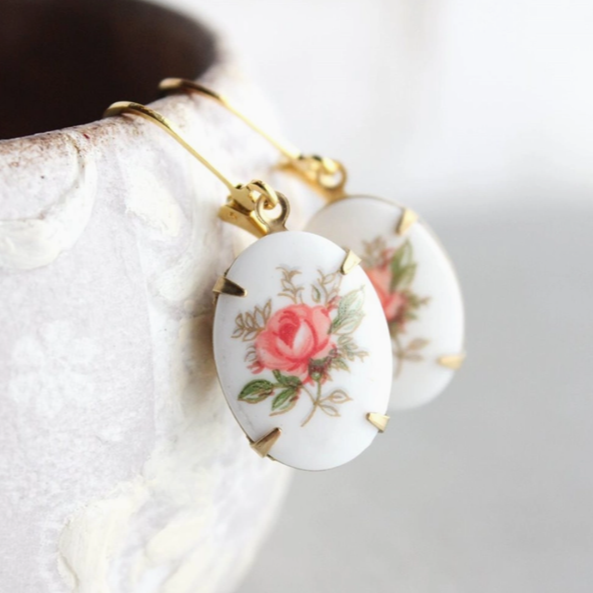 Cameo Earrings Oval Pink Rose