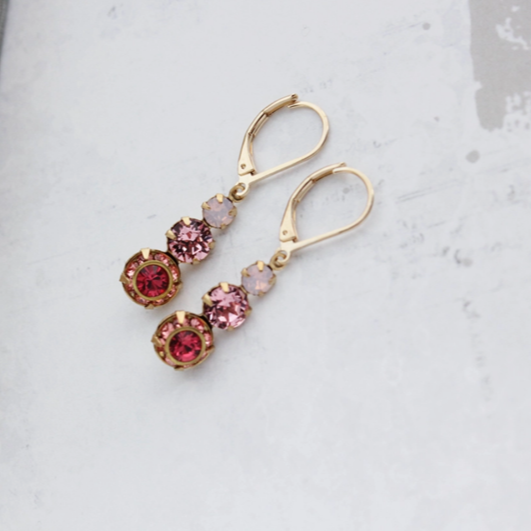 Vintage Glass Earrings -Three Jewel - Rose Pink Sparkle