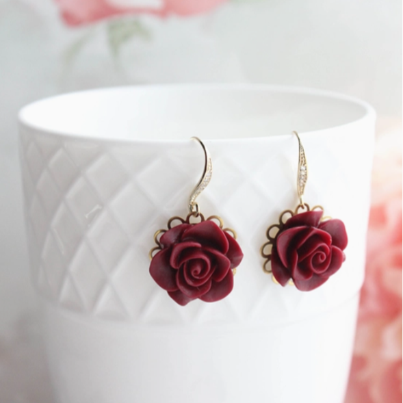 Rose Earrings - Red with Gold Rhinestone