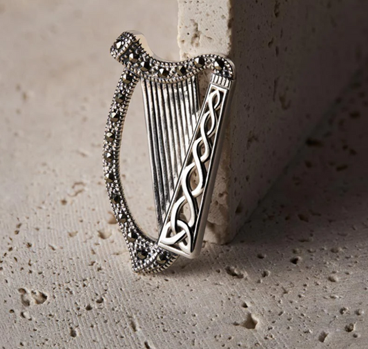 Silver Marcasite Harp Brooch
