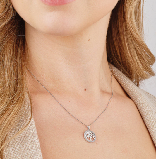 Silver Cz Round Tree Of Life Necklace