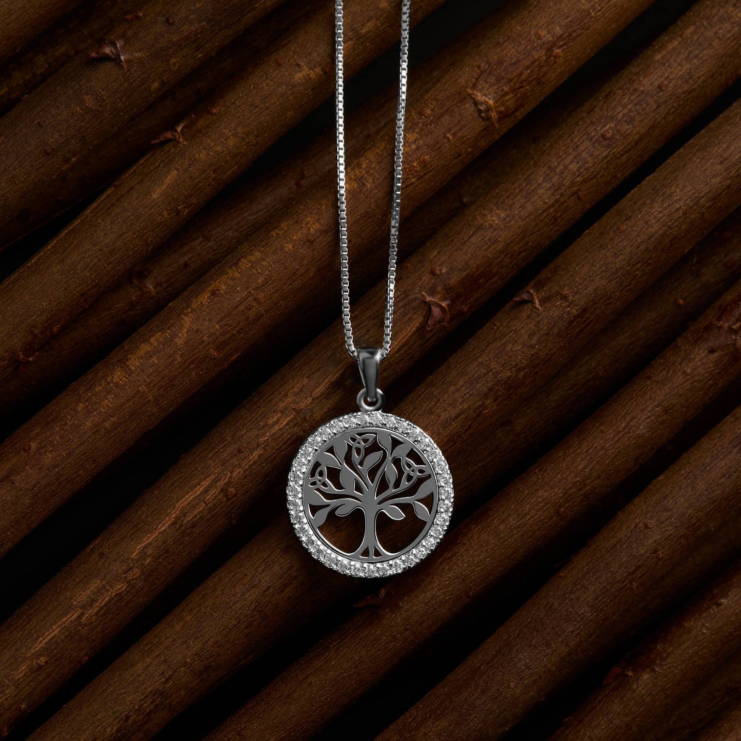 Silver Cz Round Tree Of Life Necklace