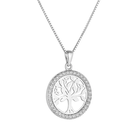 Silver Cz Round Tree Of Life Necklace