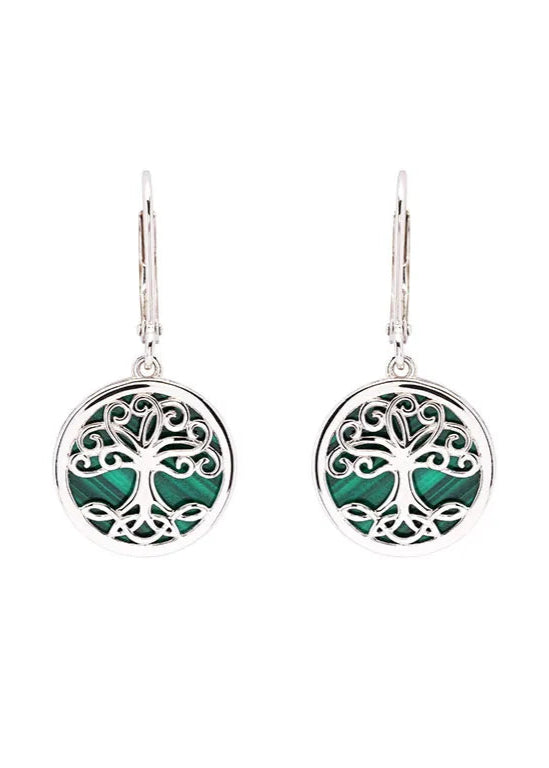 Green Malachite Sterling Silver Tree of Life Drop Earrings