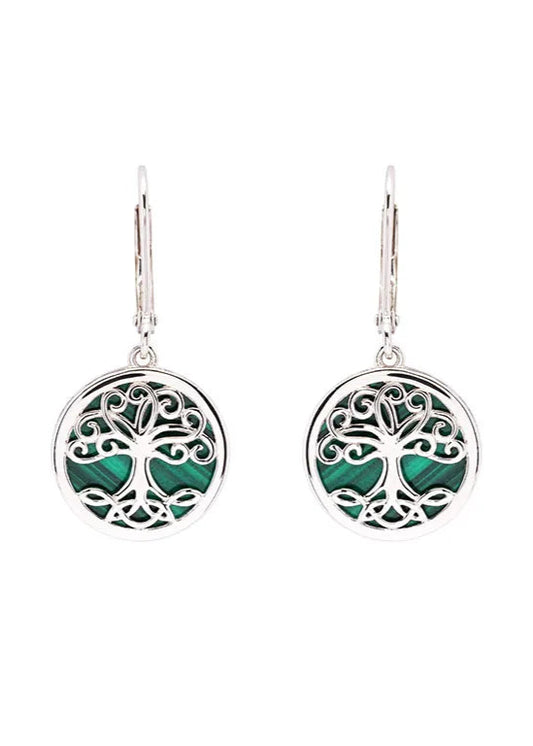 Green Malachite Sterling Silver Tree of Life Drop Earrings