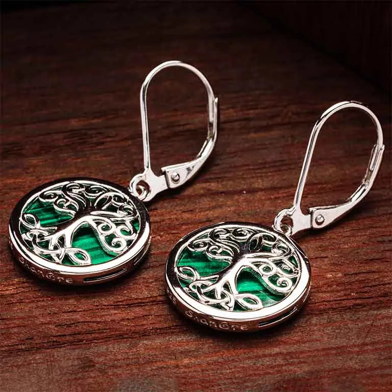 Green Malachite Sterling Silver Tree of Life Drop Earrings