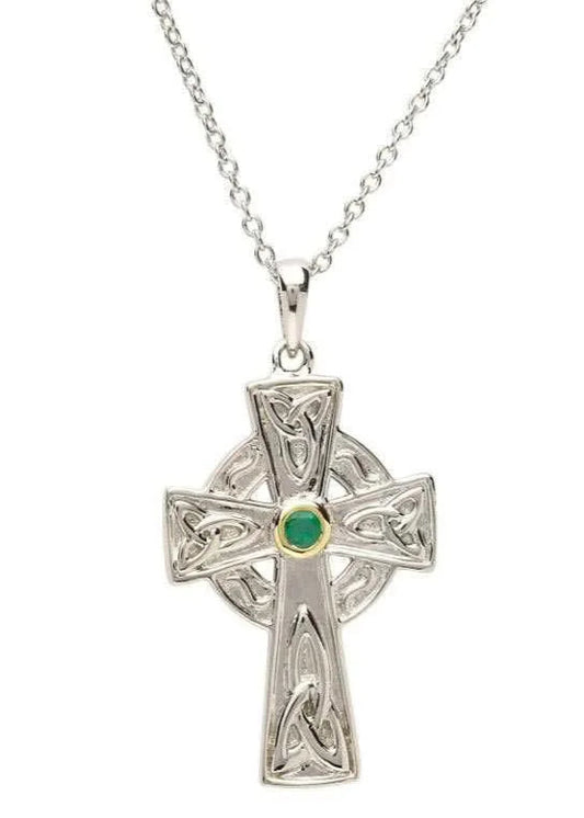 Emerald Set Sterling Silver Celtic Cross with Celtic Knot Design