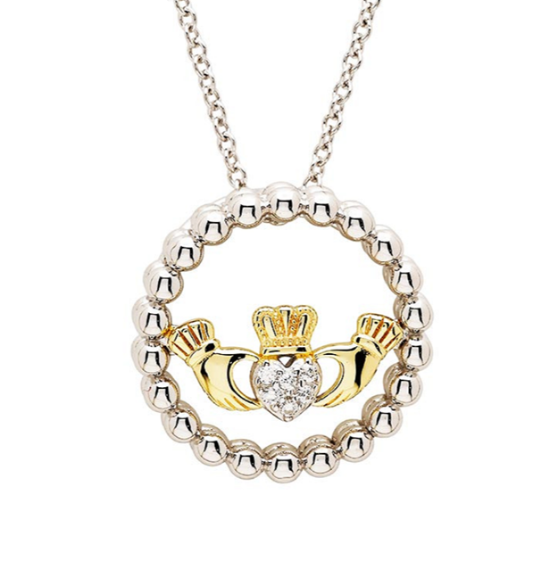 Sterling Silver CZ Claddagh Necklace with 1M Gold Plate