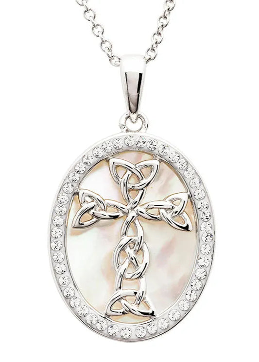 Sterling Silver Mother of Pearl Celtic Cross Medallion Pendant with White Crystals