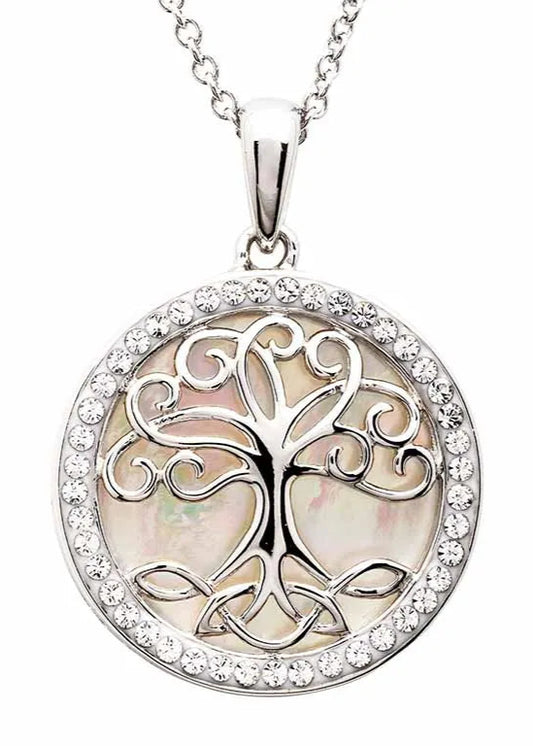 Sterling Silver Mother of Pearl Celtic Tree of Life Medallion Pendant with White Crystals