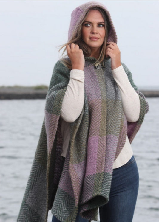 Sarah Hooded One Button Cape - Multi-Loden