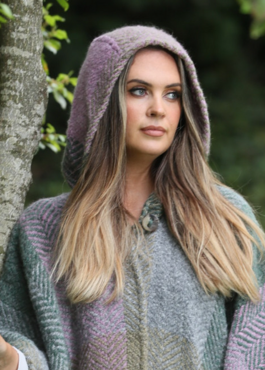 Sarah Hooded One Button Cape - Multi-Loden