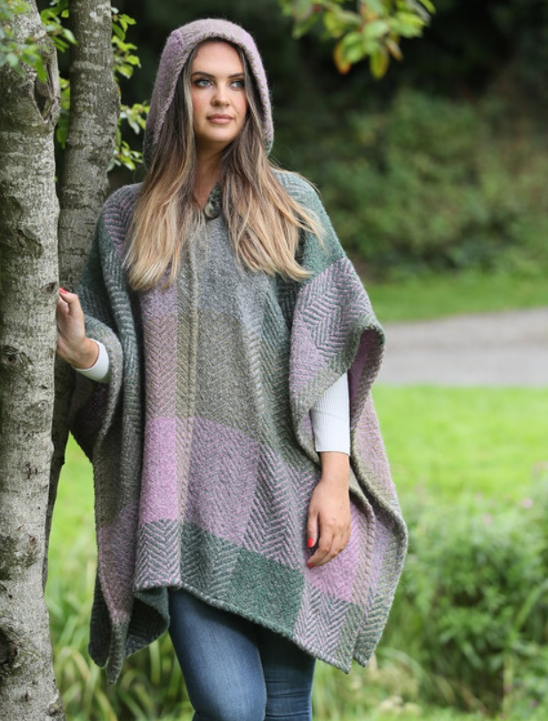 Sarah Hooded One Button Cape - Multi-Loden
