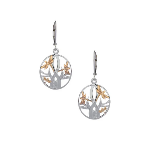 Silver and 10k Gold Dragonfly In Reeds Earrings