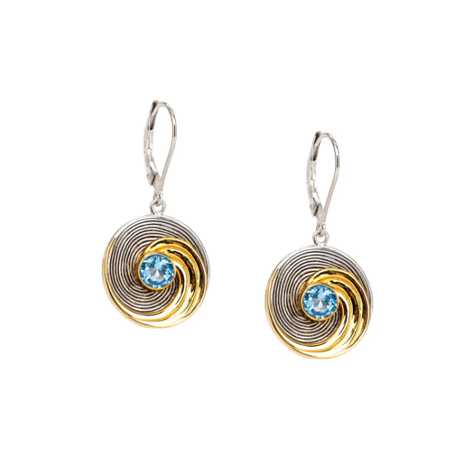 Silver and 23k Gilding Whirlpool Earrings - Swiss Blue Topaz