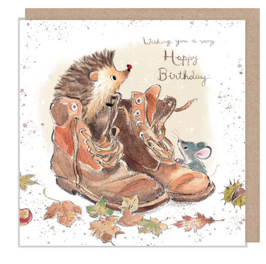 Birthday Card - Hedgehog in brown boots