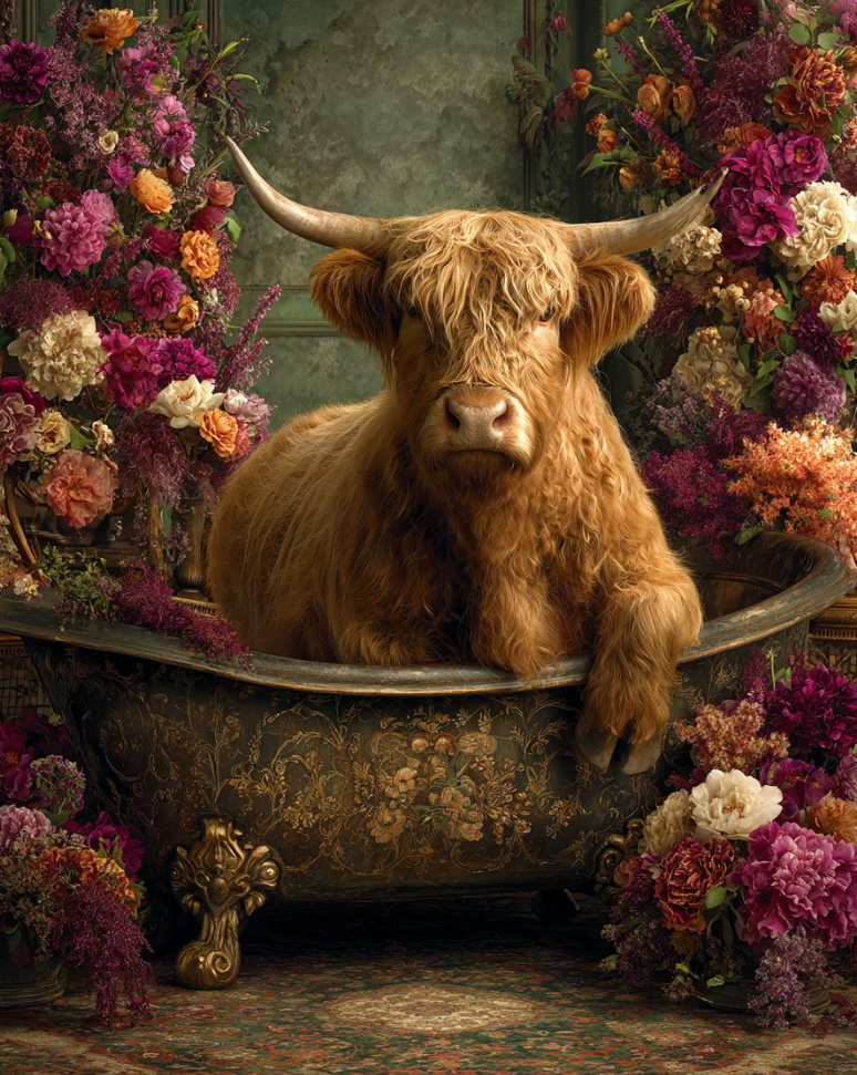 Print - Highland Cow Vintage Victorian Bathtub Floral