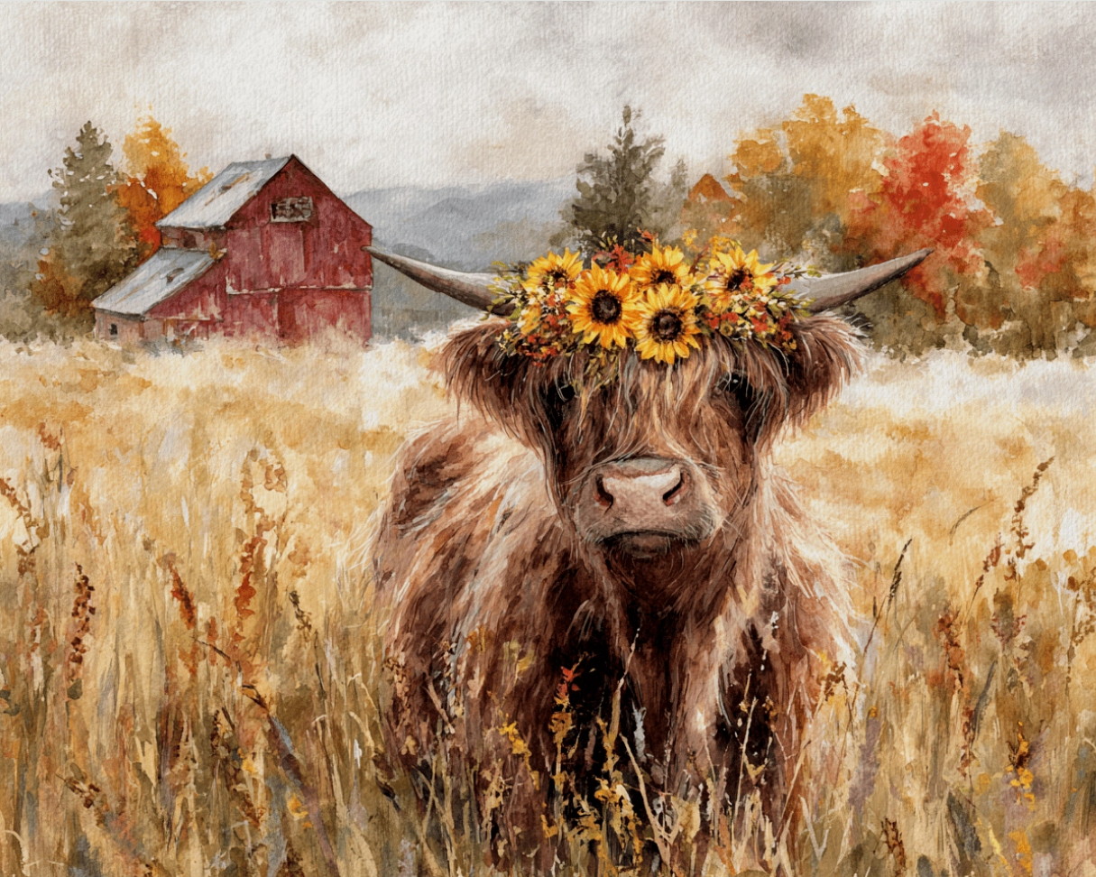 Print - Highland Cow with Sunflower Crown
