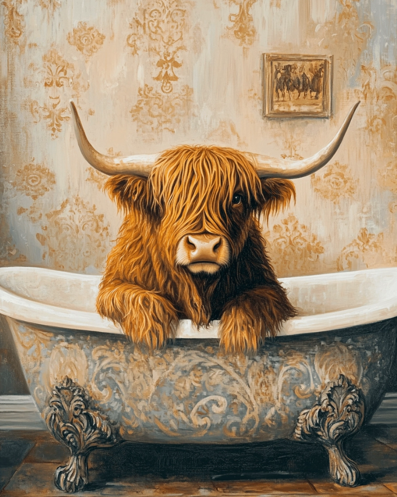 Print - Highland Cow Vintage Victorian Bathtub Cream