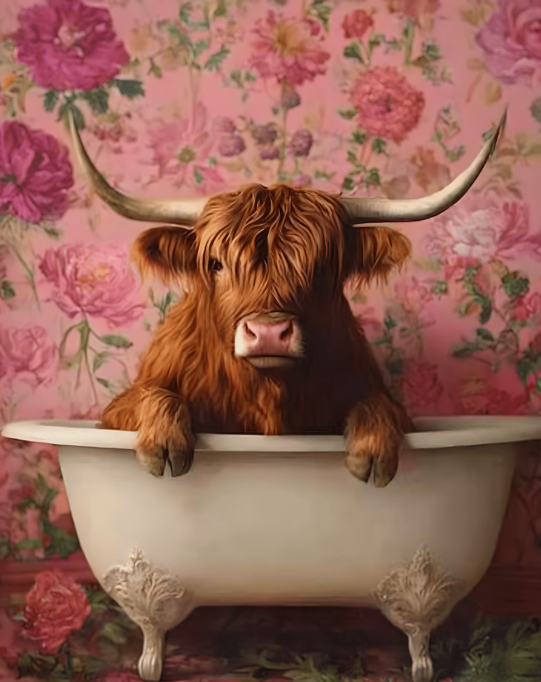 Print - Highland Cow Vintage Victorian Bathtub Pink