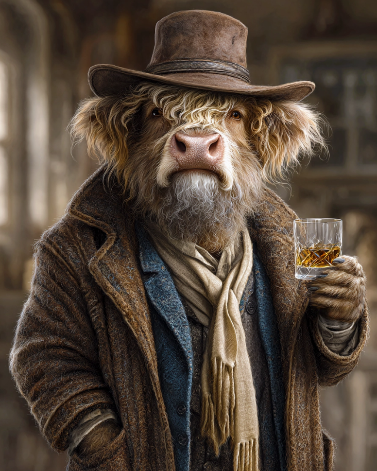 Print - Highland Cow Raises His Whiskey Glass