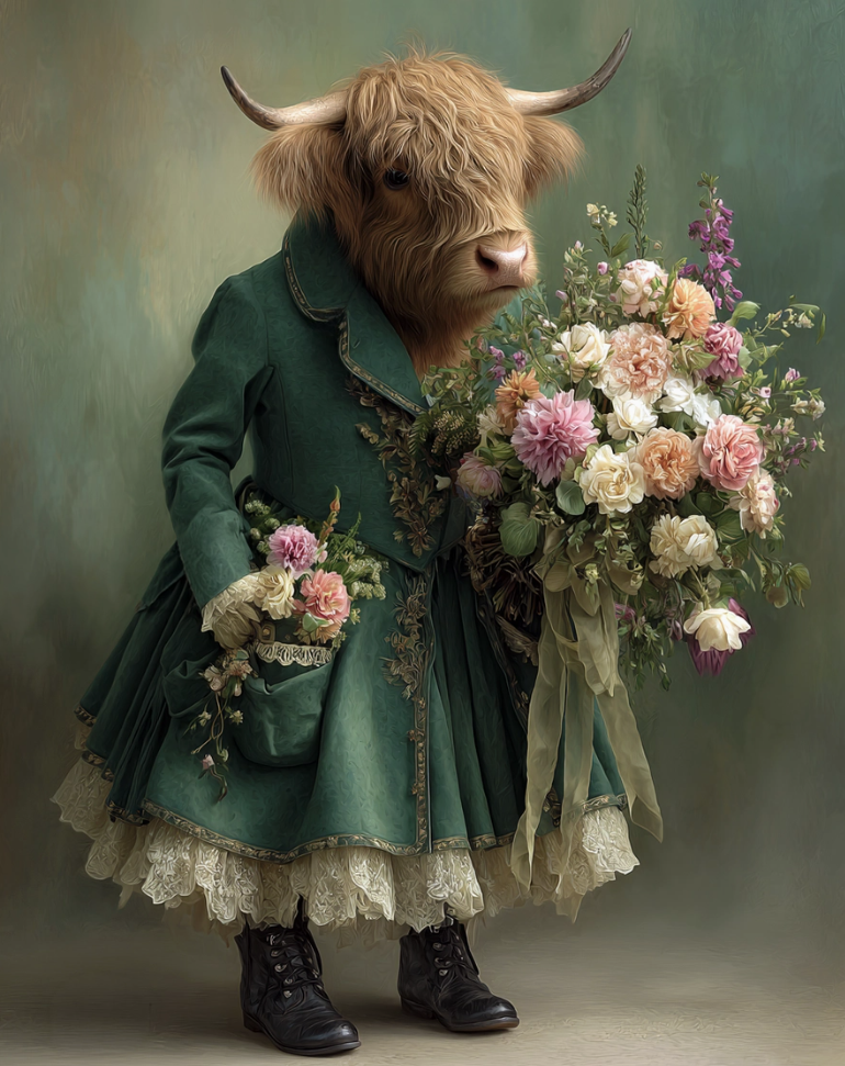 Print - Highland Cow Heifer with Bouquet