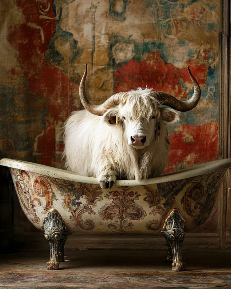 Print - White Highland Cow in Ornate Vintage Bathtub