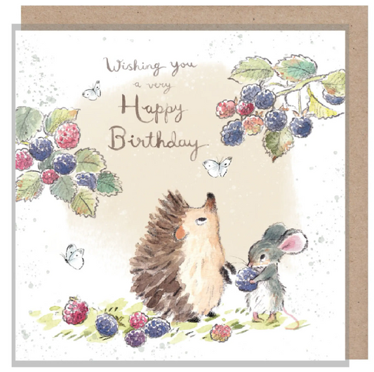 Birthday Card - Hedgehog and Mouse with Blackberries