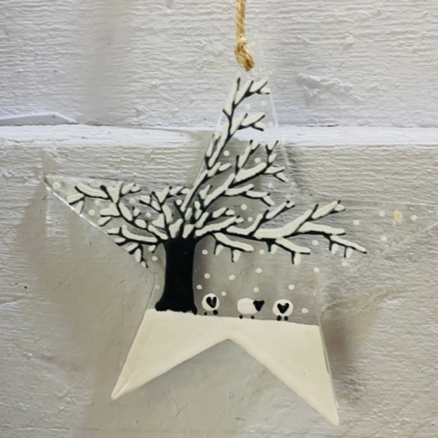 Christmas Decoration Fused Glass Sheep on Hanging Star