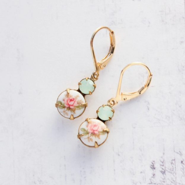 Vintage Glass Earrings -Pink Rose & Mint