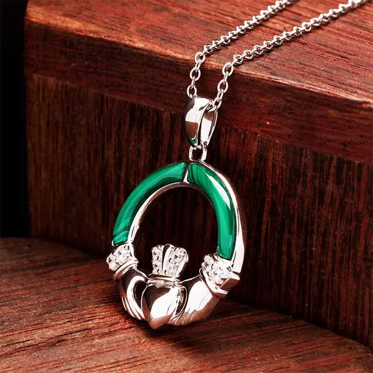 Green Malachite Sterling Silver Claddagh Pendant