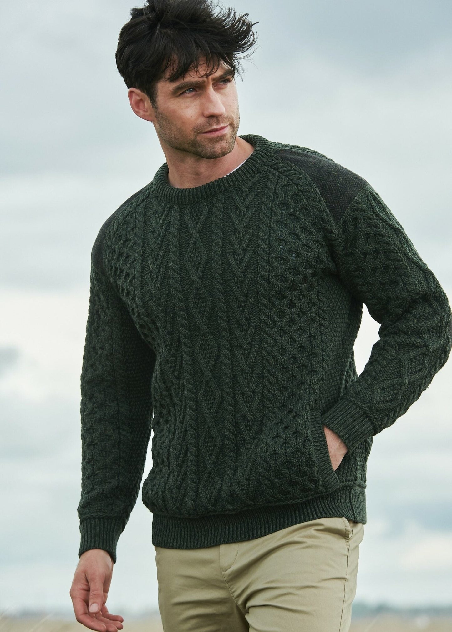 Aran Craft Crew Neck Sweater with Tweed Details