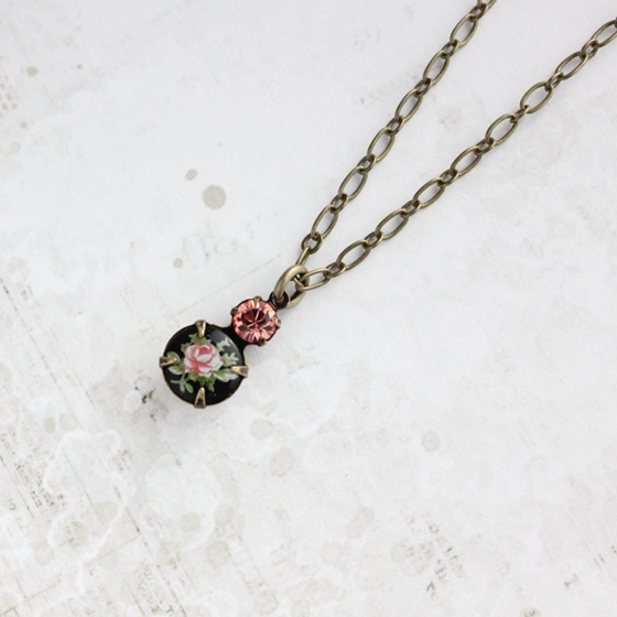 Vintage Glass Cameo Necklace Pink Rose on Black