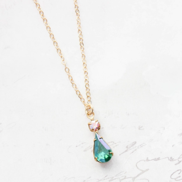 Vintage Glass Teardrop Necklace Aurora Borealis