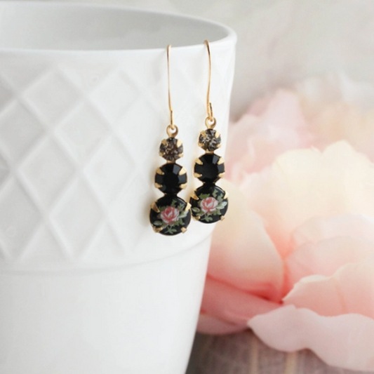 Vintage Glass Earrings -Three Jewel - Pink Rose on Black