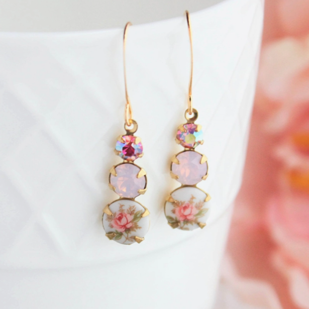 Vintage Glass Earrings -Three Jewel - Pink Rose on White